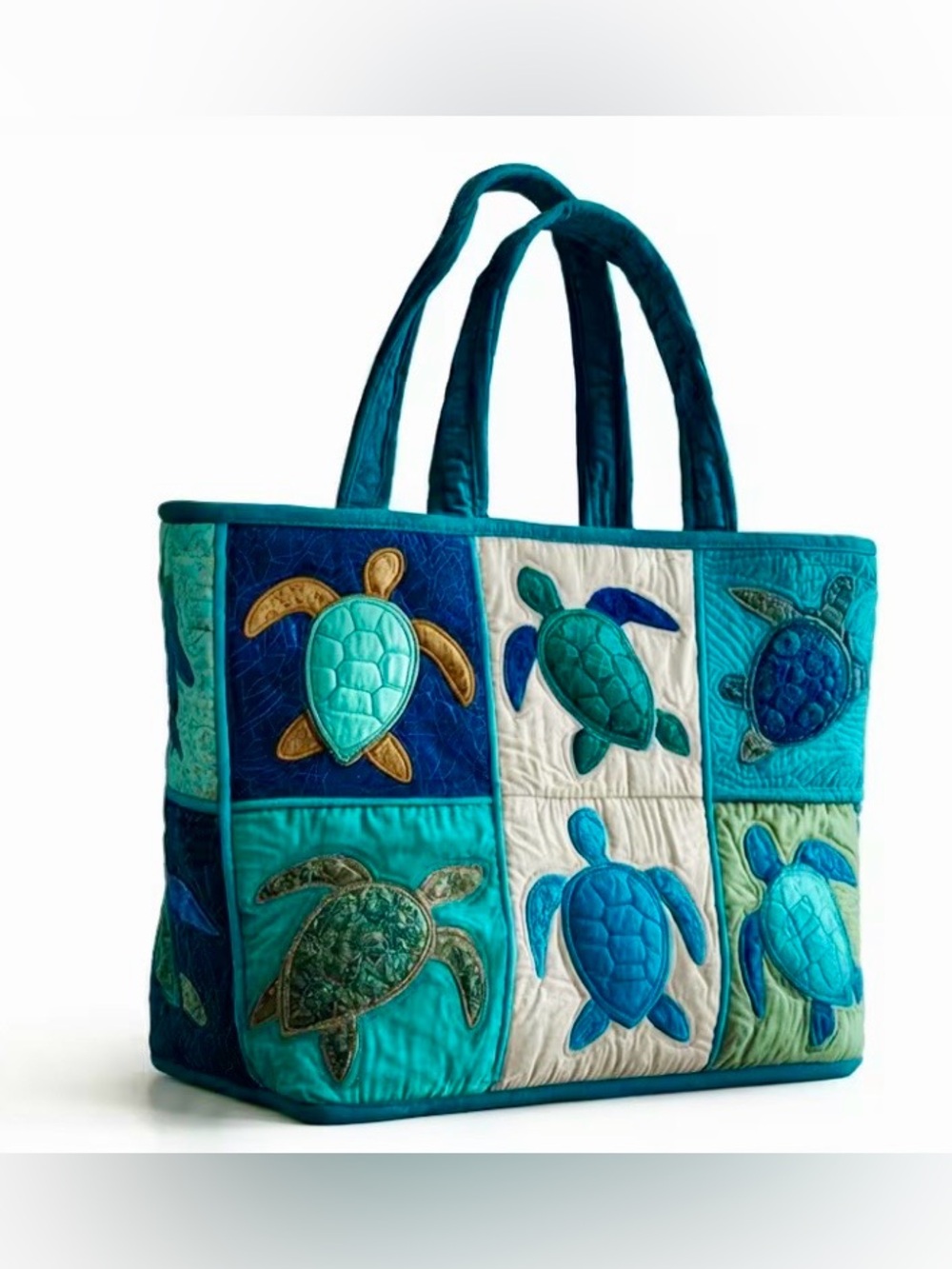 Stunning Blue Teal White 3D Embossed Sea Turtle Quilted Fabric Tote Bag